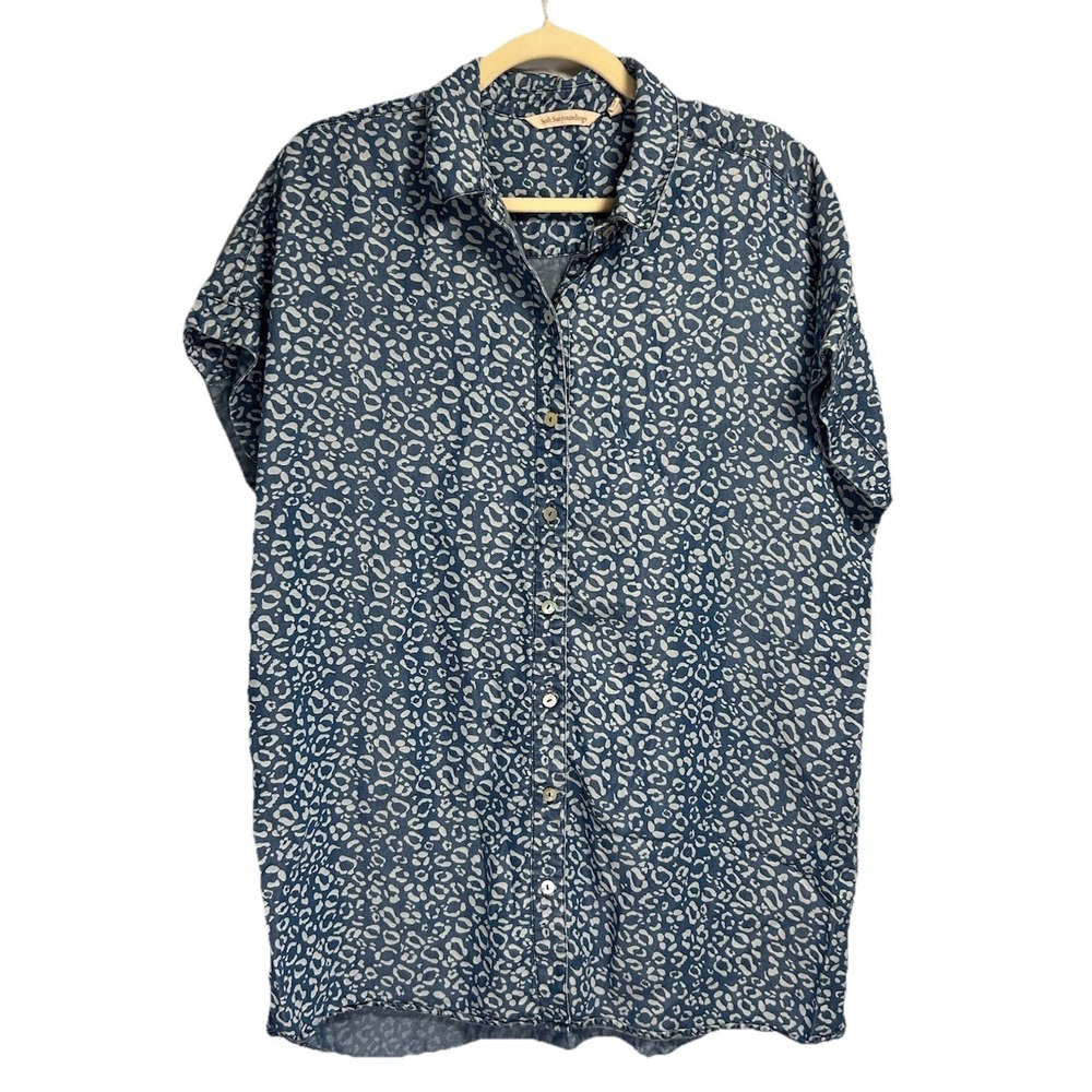 Soft Surroundings‎ Top Womens Medium Blue Leopard Geometric Print Boho Button Up